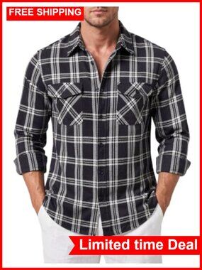 Heavyweight Plaid Flannel Shacket Men's Button Down Long Sleeve Casual Western